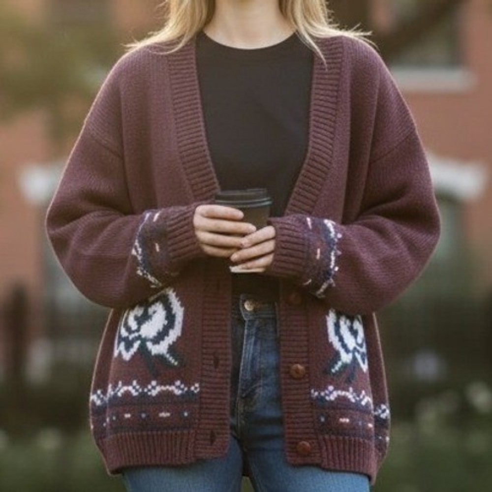 Gina Peters Sport Cardigan M Purple Vtg 90s Grannycore Floral Apple Knit Sweater